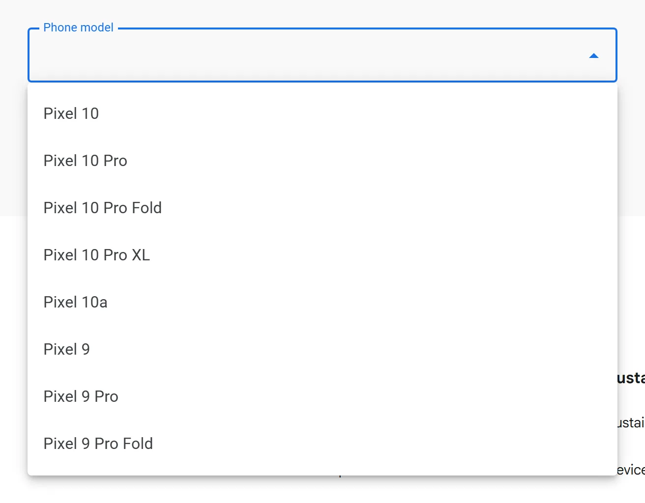 The Phone model list, open
