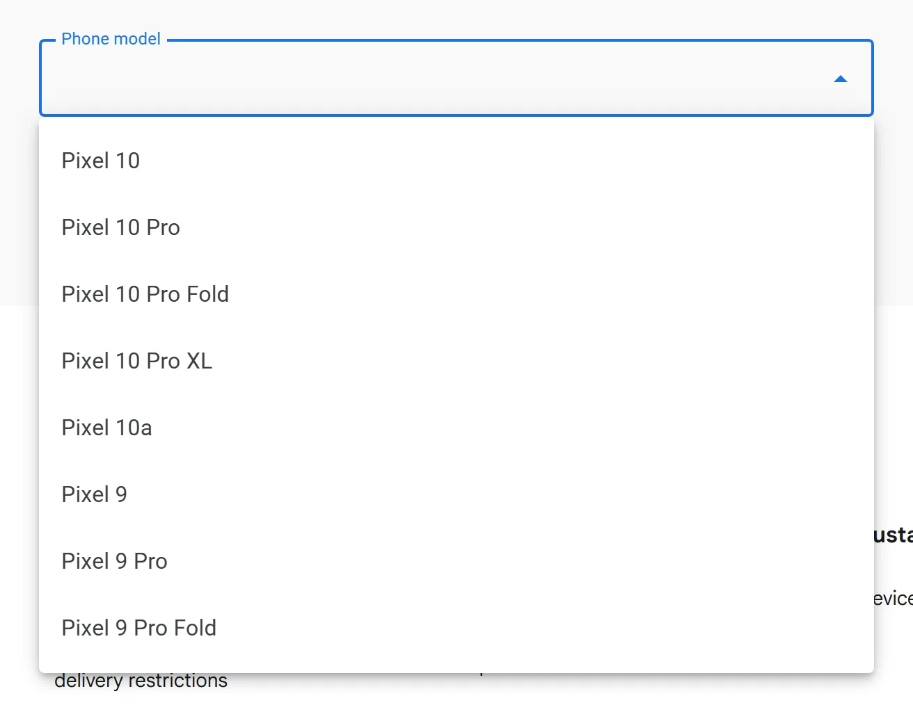 The Phone model list, open. 22 Pixels are priced in Ireland.
