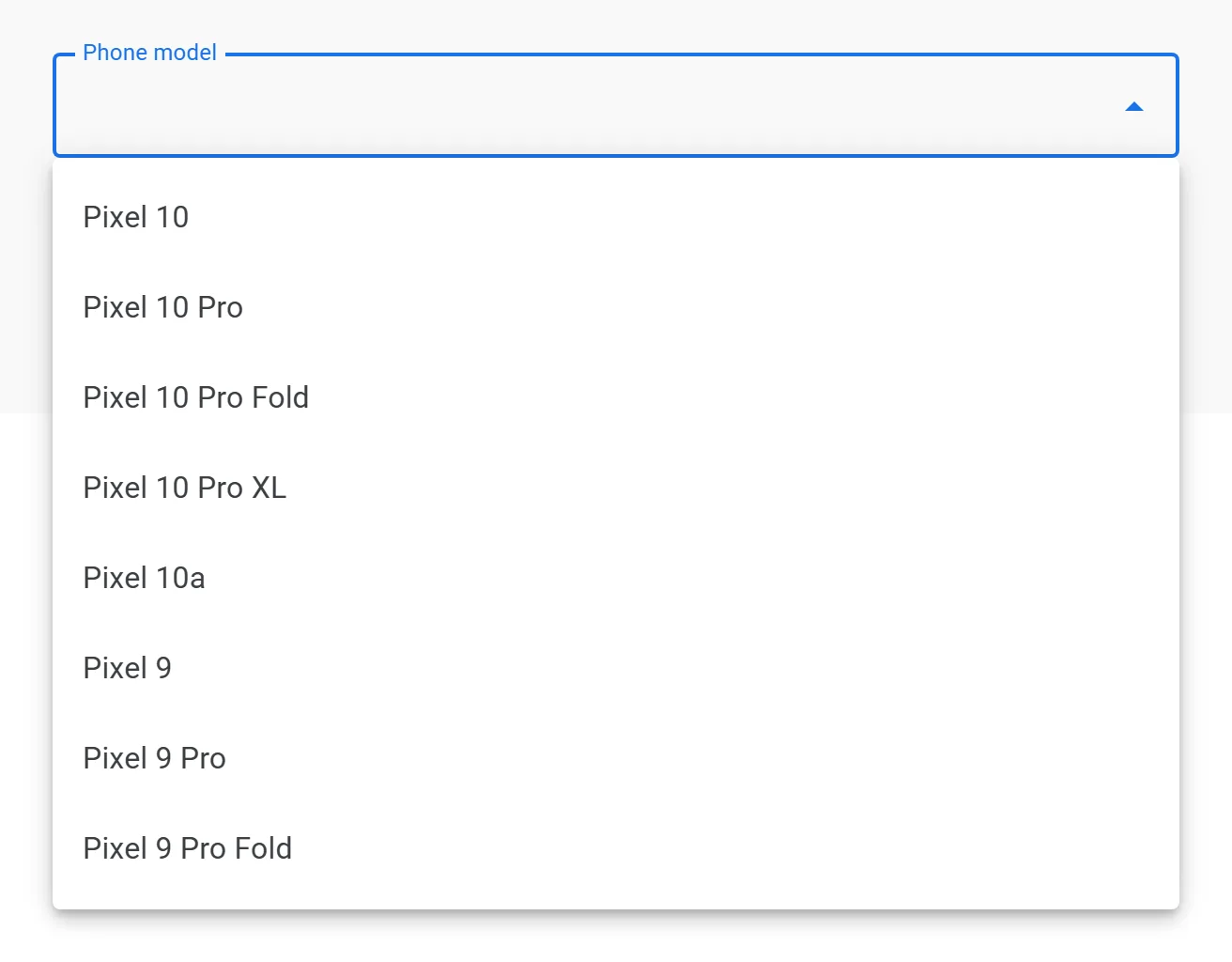 The Phone model list, open. 24 Pixels are priced in Singapore.