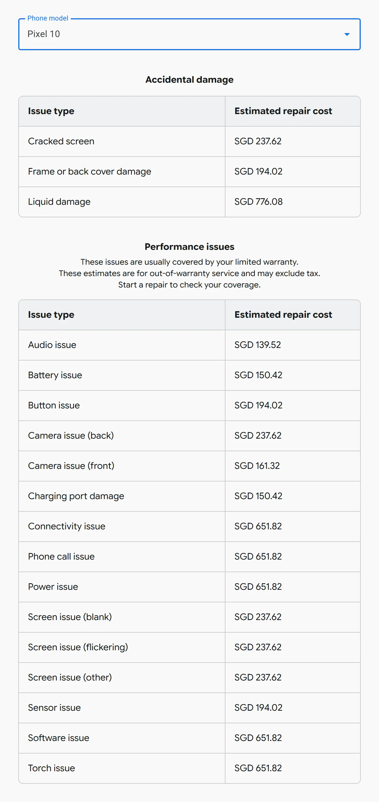 Pixel 10 prices as Google returns them, in SGD.